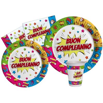 Ciao Tableware Party Pack Buon Compleanno Comics for 8 people (44 pcs: 8 plates Ø23cm, 8 plates Ø18cm, 8 cups 250ml, 20 napkins 33x33cm) in eco-friendly compostable paper Ciao Tableware Party Pack Buon Compleanno Comics for 8 people (44 pcs: 8 plates Ø23cm, 8 plates Ø18cm, 8 cups 250ml, 20 napkins 33x33cm) in eco-friendly compostable paper