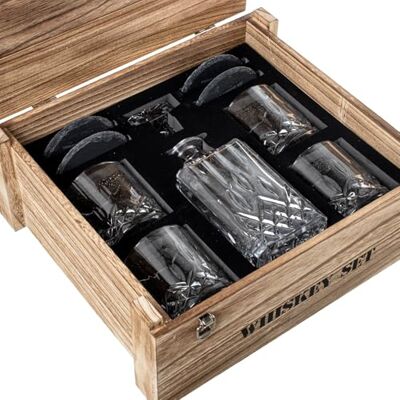 DRW Set met fles en 4 whiskyglazen in houten en glazen doos, naturel en transparant, 33 x 14 x 37,5 cm DRW Set met fles en 4 whiskyglazen in houten en glazen doos, naturel en transparant, 33 x 14 x 37,5 cm