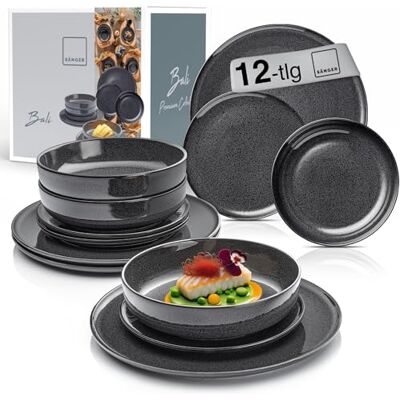 Sänger Bordenset Bali 12-delig, servies set 4 personen, porseleinen borden, eetservies incl. dinerborden, taartborden en diepe borden, dinerborden donkergrijs met donkere nerf PREMIUM COLLECTION Sänger Bordenset Bali 12-delig, servies set 4 personen, porseleinen borden, eetservies incl. dinerborden, taartborden en diepe borden, dinerborden donkergrijs met donkere nerf PREMIUM COLLECTION