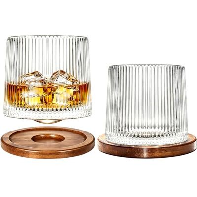 Uten Draaibaar waterglas, 275 ml whiskyglas, onderzetter van bamboe, kan worden gebruikt als rumglas, cocktailbeker, koffiekopje, bekers, stressvermindering, 2 stuks Uten Draaibaar waterglas, 275 ml whiskyglas, onderzetter van bamboe, kan worden gebruikt als rumglas, cocktailbeker, koffiekopje, bekers, stressvermindering, 2 stuks