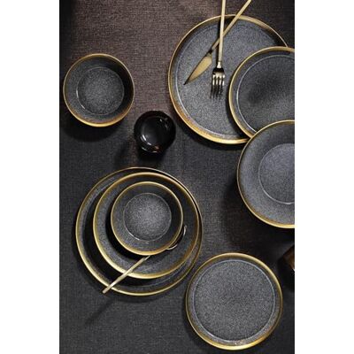 Hermia Concept Elegante 16-delige dinerset, zwart en goud, 100% porselein, inclusief serviesborden, dessertborden en kommen, perfect voor stijlvolle eetervaringen Hermia Concept Elegante 16-delige dinerset, zwart en goud, 100% porselein, inclusief serviesborden, dessertborden en kommen, perfect voor stijlvolle eetervaringen