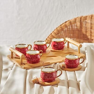 KARACA Nieuwe generatie Bone Espresso Turkse Koffie Cup Set met Bamboe Tray voor 6 Personen, 12 Stuk, 90ml, Rood Multi KARACA Nieuwe generatie Bone Espresso Turkse Koffie Cup Set met Bamboe Tray voor 6 Personen, 12 Stuk, 90ml, Rood Multi