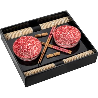 DRW Sushi-set met 2 kommen met eetstokjes en onderzetters van porselein en hout in rood en natuur, 12 x 12 x 6 cm DRW Sushi-set met 2 kommen met eetstokjes en onderzetters van porselein en hout in rood en natuur, 12 x 12 x 6 cm