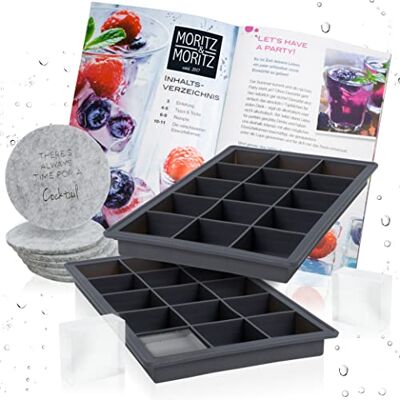 Moritz & Moritz 2x ijsblokjesvorm vierkant elk 15 stuks – ijsblokjesvorm silicone voor 30 ijsblokjes in kubusvorm – incl. 6 vilten – onderzetters & receptenboekje Moritz & Moritz 2x ijsblokjesvorm vierkant elk 15 stuks – ijsblokjesvorm silicone voor 30 ijsblokjes in kubusvorm – incl. 6 vilten – onderzetters & receptenboekje