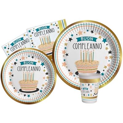 Ciao Tableware Party Pack Buon Compleanno Shiny Gold for 8 people (44 pcs: 8 plates Ø23cm, 8 plates Ø18cm, 8 cups 250ml, 20 napkins 33x33cm) in eco-friendly compostable paper Ciao Tableware Party Pack Buon Compleanno Shiny Gold for 8 people (44 pcs: 8 plates Ø23cm, 8 plates Ø18cm, 8 cups 250ml, 20 napkins 33x33cm) in eco-friendly compostable paper