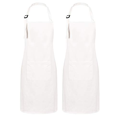 Sunm Boutique Schort kookschort dames 2 Pack schort grillschort met verstelbare en 2 zakken kookschort van 100% katoen voor vrouwen mannen chef (wit), wit, verpakking van 2 stuks, 70*80 cm