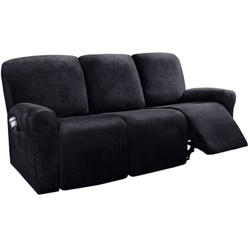 CLGTY Elastische Fluweel hoes relaxfauteuil 3 Plaats, 8-Stuks met zakken hoes voor relaxfauteuil Antislip Hoes Fauteuil Voor Kinderen Huisdieren-zwart-3 Plaats