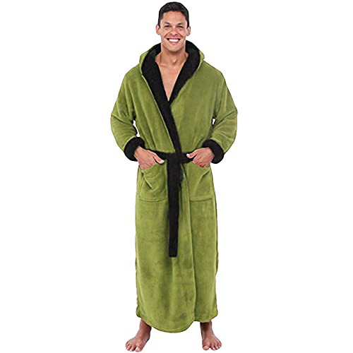 IQYU Badjassen voor heren pluizig extra lang badjassen voor mannen badstof badjas met capuchon ochtendjas fleece huisjas warme grote maat saunamantel dressing gown mannen huispak / pyjama, groen, XL