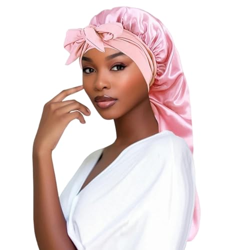 CBLdF Shower cap Women Bonnet Satin Sleeping Hat Long Tail Braid Hair Night Sleep Cap Head Cover Bonnets Shower Caps For Sauna Bathing Bonnet-pink