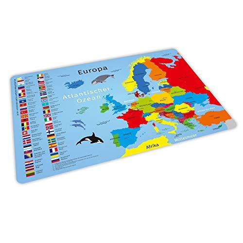 nikima Schönes für Kinder Stabiele vinyl placemat met leereffect voor kinderen, Europa met vlaggen en hoofdsteden, placemats, BPA-vrij, afwasbaar, scheurvast, kleurecht