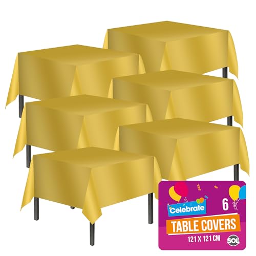 SOL 6 stuks gouden tafelkleed   121 x 121 cm goudkleurig feesttafelkleed   goudkleurig plastic tafelkleed, gouden wegwerptafelkleden voor feesten, gouden tafelkleden   tafelkleed goud plastic tafelkleed