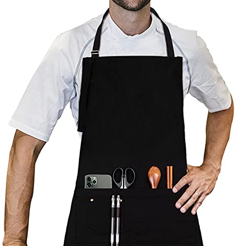 LessMo schort, grillschort en kookschort van professionele kwaliteit met verstelbare nekband en twee zakken, gemaakt van 100% katoen 70 x 85 cm