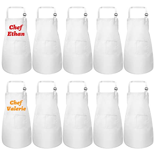 Geebuzz 10 stuks kinderschort verstelbaar blank DIY kinderen kookschorten handwerk schorten met zakken voor keuken schilderen koken bakken, wit, L