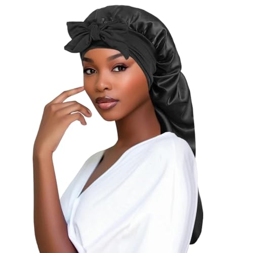 CBLdF Shower cap Women Bonnet Satin Sleeping Hat Long Tail Braid Hair Night Sleep Cap Head Cover Bonnets Shower Caps For Sauna Bathing Bonnet-black