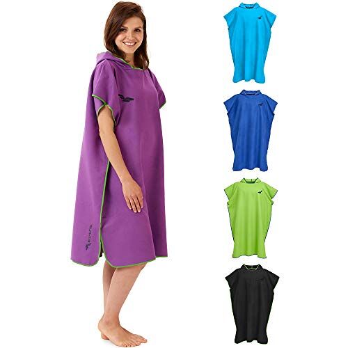 Fit-Flip Zwemponcho voor dames & heren, compact en zeer licht, surf poncho, omkleed handdoek, handdoek poncho uit microvezel evenals een omkleed handdoek op het strand (Maat M-Paars/Groen)