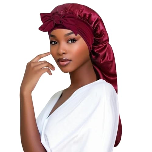 CBLdF Shower cap Women Bonnet Satin Sleeping Hat Long Tail Braid Hair Night Sleep Cap Head Cover Bonnets Shower Caps For Sauna Bathing Bonnet-red Wine