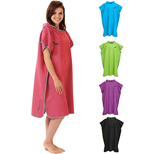 Fit-Flip Zwemponcho voor dames & heren, compact en zeer licht, surf poncho, omkleed handdoek, handdoek poncho uit microvezel evenals een omkleed handdoek op het strand (Maat M-Koraal/Grijs)