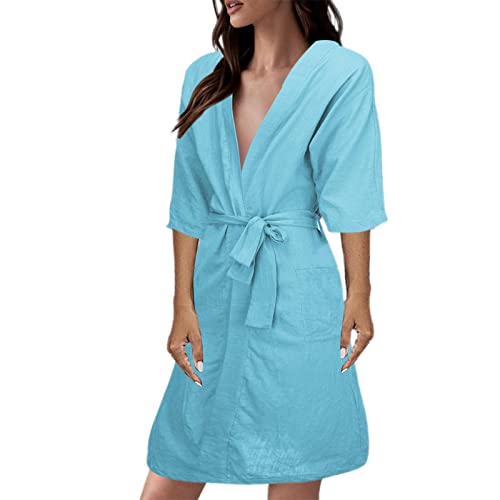 LZPCarra Badjas voor dames, licht dun linnen, linnen badjassen voor dames, korte mouwen, nachtkleding, zomer, ochtendjas met riem, huispak, lichte reisbadjas, sauna-slaapjas/saunajas, nachtkleding, blauw, L