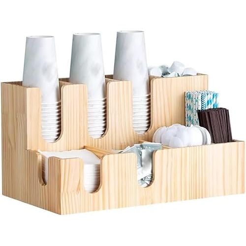 ZVOWTYFA Koffiebar Organizer, Koffie Kruiderij Organizer Houten Papieren Bekerhouder Stro, Lepel Doos Papieren Handdoek Plank Wegwerp Koffie Bekerhouder (Naturel 44,5 * 25,5 * 24cm)