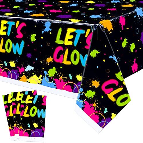 XJLANTTE Set van 3 lichtgevende neon partytafelkleden accessoires Let's Glow verjaardag tafelkleed van kunststof, neon rechthoek all-over print tafelkleed voor blacklight party decoraties, 130 cm x 220 cm