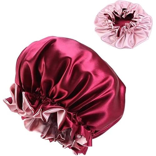 Generic 1 Stuk van Satijnen Bonnet Dual Layer Soft Night Bonnet Extra Grote Night Cap Verstelbare Zijden Bonnet Satijn Haar Bonnet Douche Caps voor Meisjes Vrouwen (Burgundy)