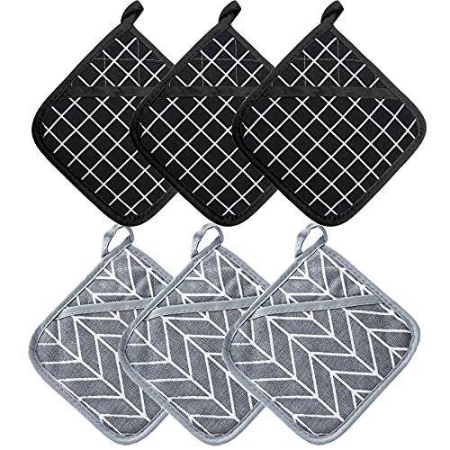 DXRPO Ovenhandschoenen, hittebestendig en pannenlappen, set van dikke ovenwanten, set van gerecycled katoen, gevuld, pannenlappen voor het bakken van de keuken, 18 cm x 18 cm, 3 stuks, zwart met 3