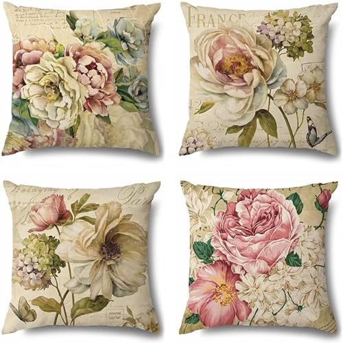 Zuxurui Kleur kussenhoezen 50 x 50 cm set van 4, buitenkussens bloem decoratieve kussenhoezen hoes, vierkante kussens linnen materiaal, tuin woonkamer bank meubels kamerdecoratie esthetische