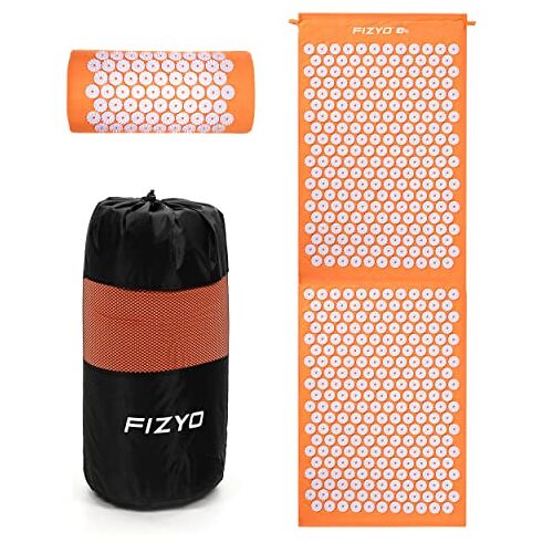 Fizyo Acupressuurmat met kussen, acupressuurset, acupunctuurmat, massagemat met tas, massagemat met acupressuurkussen, accupresurmate (120 x 44 cm, oranje)