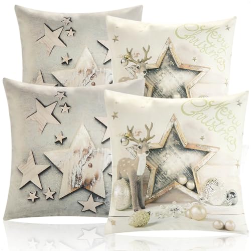 com-four ® 4x sierkussenhoezen 45x45cm set kussenhoezen met kerstmotief decoratieve hoes voor sierkussens, bankkussens (4x sterren+hert)