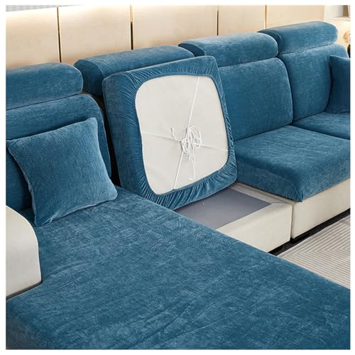 XHDZSW Zitkussenhoezen Sofa, Chenille Stretch Zitkussenhoezen Sofa, Kussenhoezen Banken, Anti-slip Zitkussenhoezen Sofa, met Elastische Banden (Groot 4-zits,Blauw)