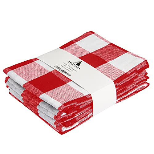 Asquare Set van 4 theedoeken, katoen, rood-wit, geruite theedoeken, keukenhanddoeken om af te drogen, 220 g/m²