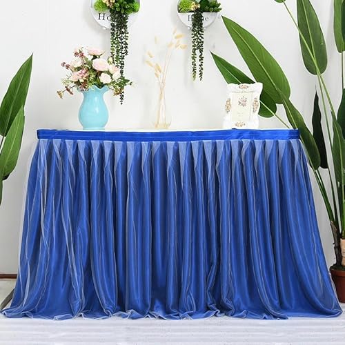 TONZN 9FT*77CM 2 lagen Roze Blauw Wit Mesh Pluizige Tutu Tule Tafelrok Chiffon Tafelrok Bruiloft Voor Babyshower Geplooide Tafelrok (Schat Blauw 9FT*77CM)