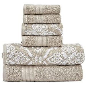 Modern Threads Amaris 6-delige omkeerbare garengeverfde jacquard handdoekenset badhanddoeken, handdoeken en washandjes super absorberend en sneldrogend 100% gekamd katoen, kaki Modern Threads Amaris 6-delige omkeerbare garengeverfde jacquard handdoekenset badhanddoeken, handdoeken en washandjes super absorberend en sneldrogend 100% gekamd katoen, kaki