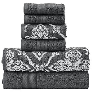 Modern Threads Amaris 6-delige omkeerbare garengeverfde jacquard handdoekenset badhanddoeken, handdoeken en washandjes super absorberend en sneldrogend 100% gekamd katoen, kolen Modern Threads Amaris 6-delige omkeerbare garengeverfde jacquard handdoekenset badhanddoeken, handdoeken en washandjes super absorberend en sneldrogend 100% gekamd katoen, kolen