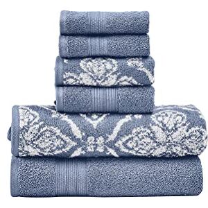 Modern Threads Amaris 6-delige omkeerbare garengeverfde jacquard handdoekenset badhanddoeken, handdoeken en washandjes super absorberend en sneldrogend 100% gekamd katoen, denim Modern Threads Amaris 6-delige omkeerbare garengeverfde jacquard handdoekenset badhanddoeken, handdoeken en washandjes super absorberend en sneldrogend 100% gekamd katoen, denim