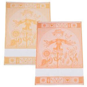 FILET Set van 2 jacquard-theedoeken met inzetstuk van Aida-stof om op te borduren, gemaakt in Italië, vogelverschrikker, kleur oranje en geel FILET Set van 2 jacquard-theedoeken met inzetstuk van Aida-stof om op te borduren, gemaakt in Italië, vogelverschrikker, kleur oranje en geel