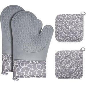 Cozary Ovenwanten Pannenlappenset, hittebestendige 1 paar ovenwanten en 2 pannenlappen antislip siliconen pannenlappen handschoen voor koken bakken grillen grijs Cozary Ovenwanten Pannenlappenset, hittebestendige 1 paar ovenwanten en 2 pannenlappen antislip siliconen pannenlappen handschoen voor koken bakken grillen grijs