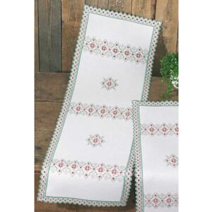 Permin Hardanger tafelloper borduurpakket hardanger roze/groen telpatroon Permin Hardanger tafelloper borduurpakket hardanger roze/groen telpatroon