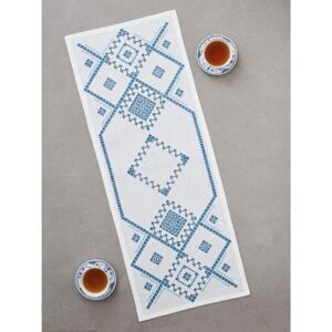Permin Hardanger tafelloper borduurpakket hardanger blauw telpatroon Permin Hardanger tafelloper borduurpakket hardanger blauw telpatroon