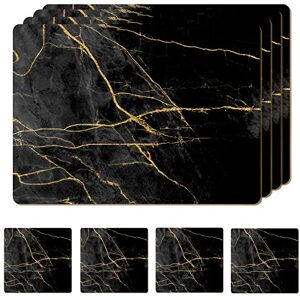 Moderry Set van 4 hittebestendige placemats van kurk voor eettafel met gratis set van 4 bijpassende onderzetters met marmerontwerp 40 x 30 cm harde placemats met kurkrug (zwart en goud) Moderry Set van 4 hittebestendige placemats van kurk voor eettafel met gratis set van 4 bijpassende onderzetters met marmerontwerp 40 x 30 cm harde placemats met kurkrug (zwart en goud)