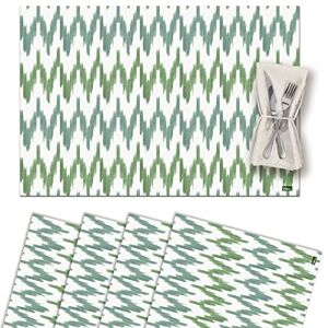 Vilber , 4 stuks placemats van vinyl, wasbaar, waterdicht, vuilafstotend, antislip, anti-aanbaklaag, hittebestendig, Ikat-Mallorca, zigzag, groen Vilber , 4 stuks placemats van vinyl, wasbaar, waterdicht, vuilafstotend, antislip, anti-aanbaklaag, hittebestendig, Ikat-Mallorca, zigzag, groen