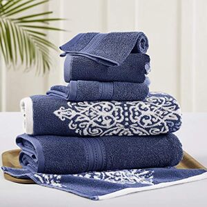 Modern Threads Amrapur Overseas Artesia Damast 6-delige omkeerbare garen geverfd jacquard handdoekenset (indigo) Modern Threads Amrapur Overseas Artesia Damast 6-delige omkeerbare garen geverfd jacquard handdoekenset (indigo)