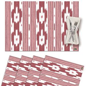 Vilber , Set van 4 placemats van vinyl, wasbaar, waterdicht, vuilafstotend, antislip, anti-aanbaklaag, hittebestendig, Ikat-Mallorca-stijl, rand, rood Vilber , Set van 4 placemats van vinyl, wasbaar, waterdicht, vuilafstotend, antislip, anti-aanbaklaag, hittebestendig, Ikat-Mallorca-stijl, rand, rood