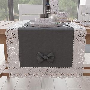 PETTI Artigiani Italiani Elegante tafelloper van katoen, voor keukentafel, woonkamer, eetkamer, effen gekleurde tafelkleden met ruches van kant met franjes en strikken, 40 x 140 cm, donkergrijs PETTI Artigiani Italiani Elegante tafelloper van katoen, voor keukentafel, woonkamer, eetkamer, effen gekleurde tafelkleden met ruches van kant met franjes en strikken, 40 x 140 cm, donkergrijs