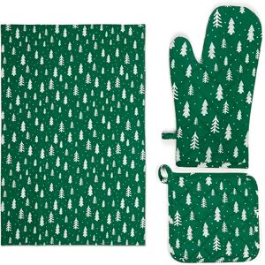 Excelsa Green winterset bestaande uit theedoek, pannenlap en ovenwant, 3 stuks groen katoen met wit dennenmotief, inclusief theedoek 50 x 70 cm, pannenlap 20 x 20 cm en ovenwant, collectie Kerstmis Excelsa Green winterset bestaande uit theedoek, pannenlap en ovenwant, 3 stuks groen katoen met wit dennenmotief, inclusief theedoek 50 x 70 cm, pannenlap 20 x 20 cm en ovenwant, collectie Kerstmis
