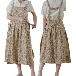 TALIBSA Schort, Japans katoen en linnen, gekruist op de rug, met zakken, overgooier met bandjes op taillehoogte, voor vrouwen (bruine bloemen) TALIBSA Schort, Japans katoen en linnen, gekruist op de rug, met zakken, overgooier met bandjes op taillehoogte, voor vrouwen (bruine bloemen)