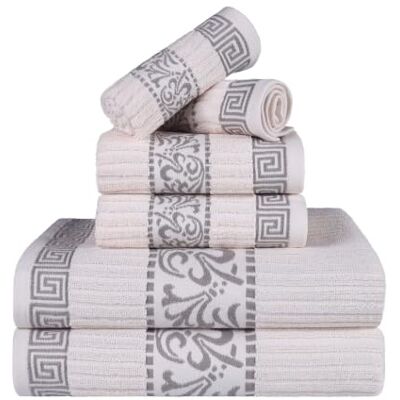 Superior 6-delige katoenen handdoekenset, decoratief Grieks patroon, absorberende handdoeken, badkamerdecoratie, resort, inclusief 2 handen, 2 gezichts- en 2 badhanddoeken, Athene-collectie Superior 6-delige katoenen handdoekenset, decoratief Grieks patroon, absorberende handdoeken, badkamerdecoratie, resort, inclusief 2 handen, 2 gezichts- en 2 badhanddoeken, Athene-collectie