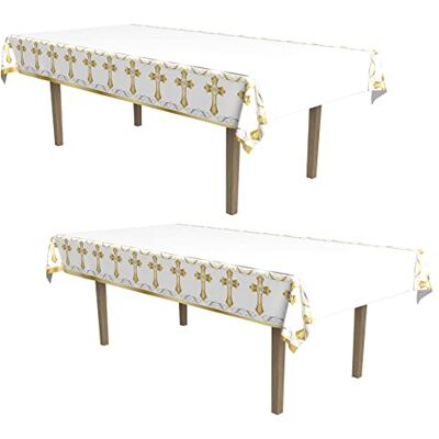Beistle 2 stuks 54 x 108 inch plastic rechthoekige religieuze tafelhoezen voor doop, eerste communie feestdecoraties, kruis tafelkleed, wit/goud Beistle 2 stuks 54 x 108 inch plastic rechthoekige religieuze tafelhoezen voor doop, eerste communie feestdecoraties, kruis tafelkleed, wit/goud