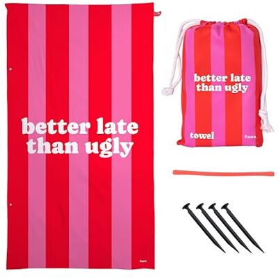 Fisura – Grote strandhanddoek "better late than ugly”. Roze en rode lichte microvezel handdoek, sneldrogend en zandafstotend. Perfect voor zwembad, strand, camping of picknick. 180 x 100 cm. Fisura – Grote strandhanddoek "better late than ugly”. Roze en rode lichte microvezel handdoek, sneldrogend en zandafstotend. Perfect voor zwembad, strand, camping of picknick. 180 x 100 cm.