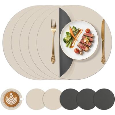 KitchenBoss afwasbare placemats Ø 38 cm, set van 6 ronde placemats in leerlook met onderzetter, hittebestendig, dubbelzijdig waterdicht, antracietgrijs + beige KitchenBoss afwasbare placemats Ø 38 cm, set van 6 ronde placemats in leerlook met onderzetter, hittebestendig, dubbelzijdig waterdicht, antracietgrijs + beige